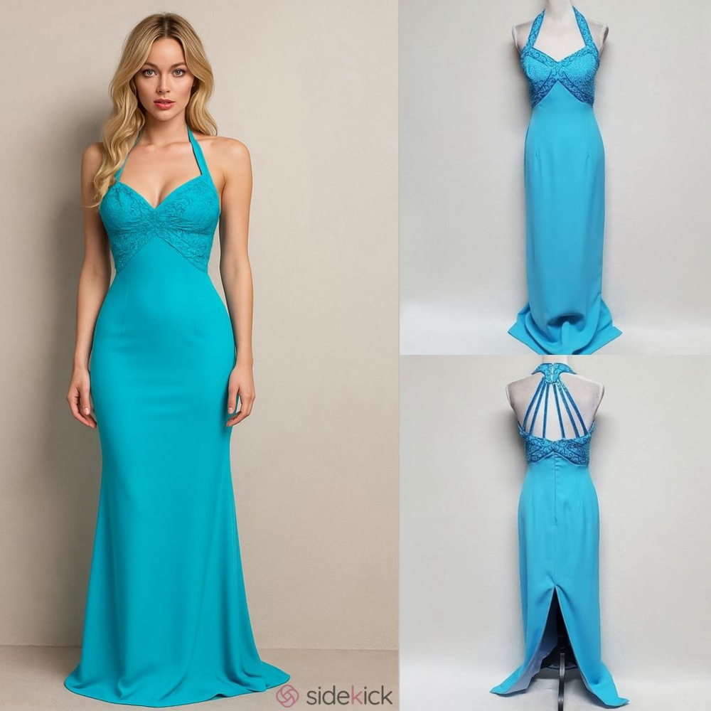 Vintage Tiffany Designs Ice Blue Beaded Strappy Racerback Hourglass Maxi Dress